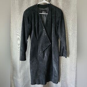 VINTAGE 80's BERMANS BLACK SUEDE LONG SLV SNAP-FRONT PENCIL DRESS Size 6